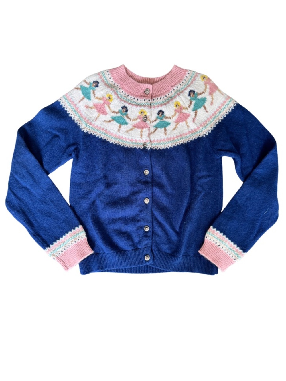 Mini Boden Girls 9-10 Fair Isle Ballerina Cardigan Navy Pink Sweater